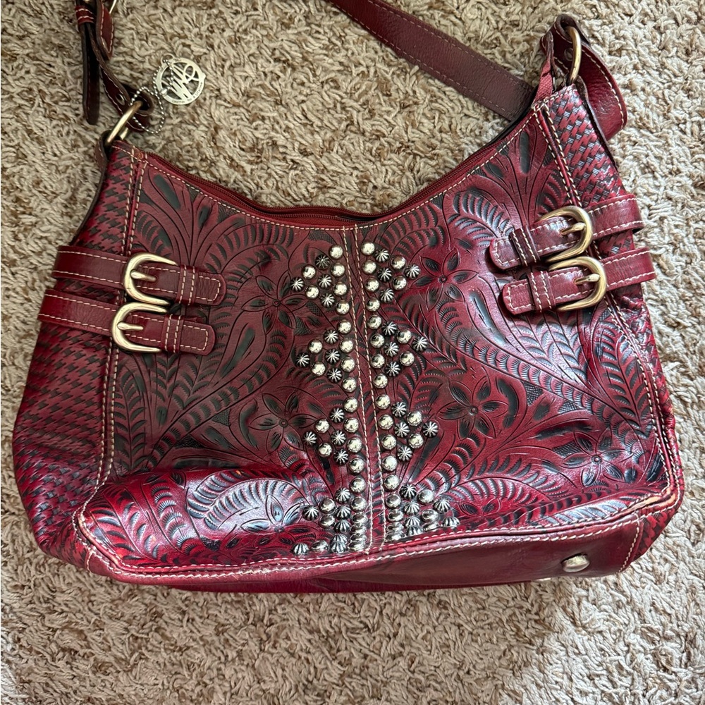 American West Red Embossed Shoulder Bag with Studded Details